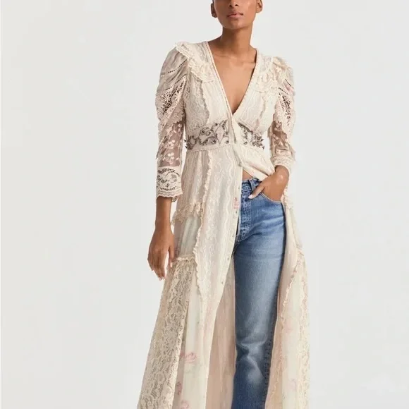 LoveShackFancy Ibis Beaded Ruffle V Plunge Lace Overlay Dress in Magnolia Tea - Picture 15 of 16